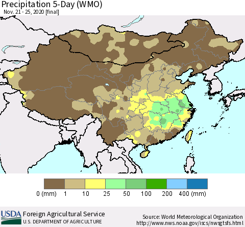 China, Mongolia and Taiwan Precipitation 5-Day (WMO) Thematic Map For 11/21/2020 - 11/25/2020