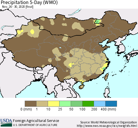 China, Mongolia and Taiwan Precipitation 5-Day (WMO) Thematic Map For 11/26/2020 - 11/30/2020