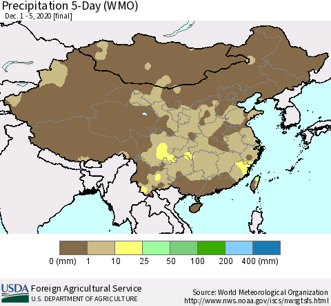 China, Mongolia and Taiwan Precipitation 5-Day (WMO) Thematic Map For 12/1/2020 - 12/5/2020