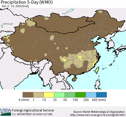 China, Mongolia and Taiwan Precipitation 5-Day (WMO) Thematic Map For 12/6/2020 - 12/10/2020