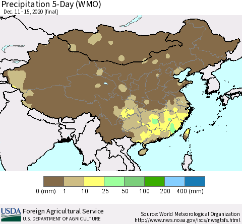 China, Mongolia and Taiwan Precipitation 5-Day (WMO) Thematic Map For 12/11/2020 - 12/15/2020