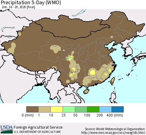 China, Mongolia and Taiwan Precipitation 5-Day (WMO) Thematic Map For 12/16/2020 - 12/20/2020
