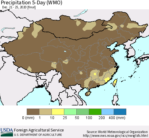 China, Mongolia and Taiwan Precipitation 5-Day (WMO) Thematic Map For 12/21/2020 - 12/25/2020