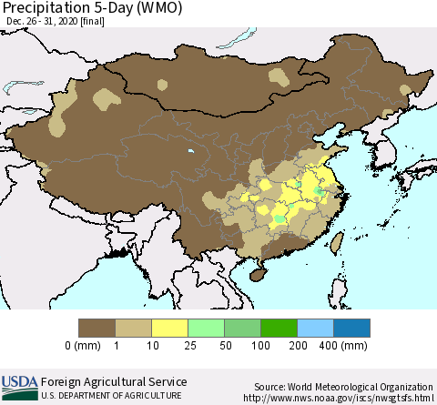 China, Mongolia and Taiwan Precipitation 5-Day (WMO) Thematic Map For 12/26/2020 - 12/31/2020