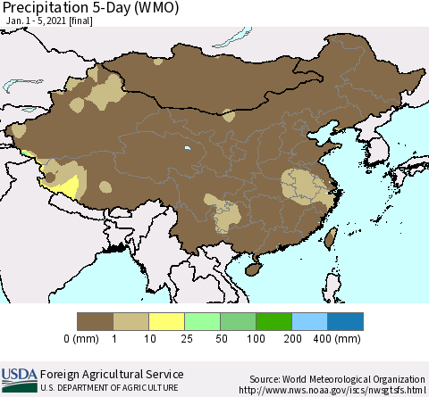 China, Mongolia and Taiwan Precipitation 5-Day (WMO) Thematic Map For 1/1/2021 - 1/5/2021