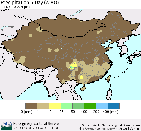 China, Mongolia and Taiwan Precipitation 5-Day (WMO) Thematic Map For 1/6/2021 - 1/10/2021