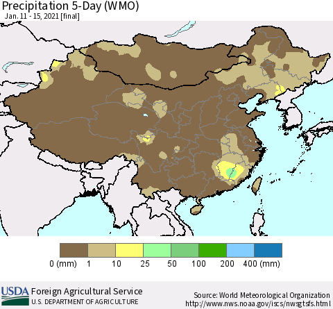 China, Mongolia and Taiwan Precipitation 5-Day (WMO) Thematic Map For 1/11/2021 - 1/15/2021