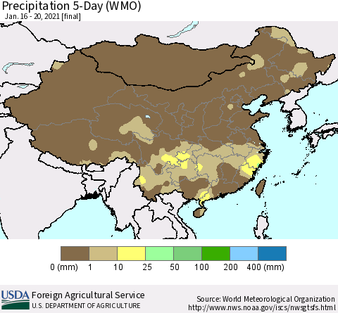 China, Mongolia and Taiwan Precipitation 5-Day (WMO) Thematic Map For 1/16/2021 - 1/20/2021