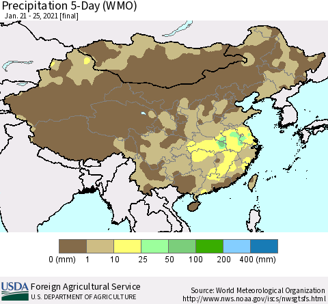 China, Mongolia and Taiwan Precipitation 5-Day (WMO) Thematic Map For 1/21/2021 - 1/25/2021