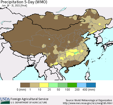 China, Mongolia and Taiwan Precipitation 5-Day (WMO) Thematic Map For 1/26/2021 - 1/31/2021