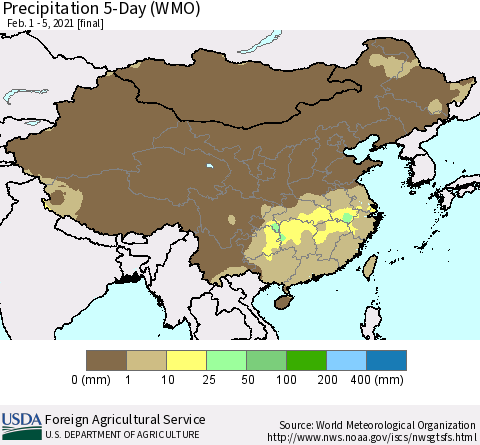 China, Mongolia and Taiwan Precipitation 5-Day (WMO) Thematic Map For 2/1/2021 - 2/5/2021