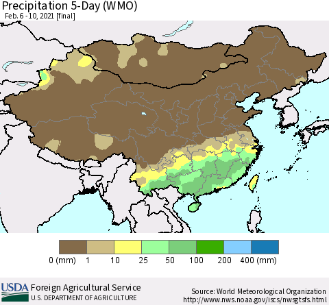 China, Mongolia and Taiwan Precipitation 5-Day (WMO) Thematic Map For 2/6/2021 - 2/10/2021