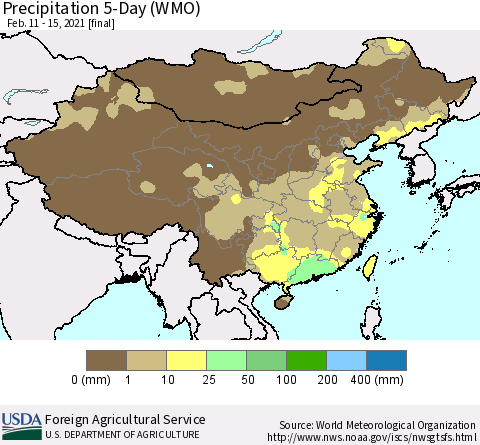 China, Mongolia and Taiwan Precipitation 5-Day (WMO) Thematic Map For 2/11/2021 - 2/15/2021
