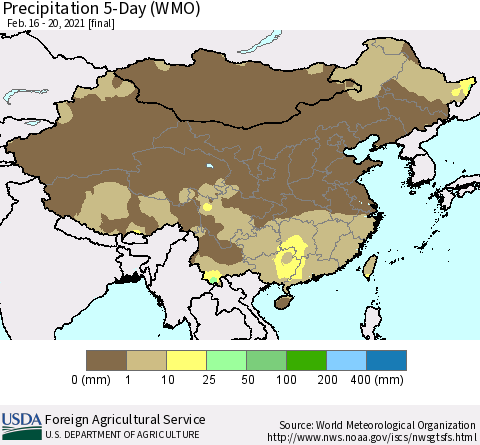 China, Mongolia and Taiwan Precipitation 5-Day (WMO) Thematic Map For 2/16/2021 - 2/20/2021
