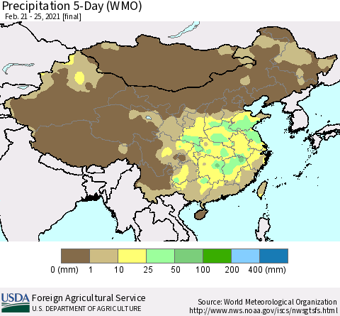 China, Mongolia and Taiwan Precipitation 5-Day (WMO) Thematic Map For 2/21/2021 - 2/25/2021