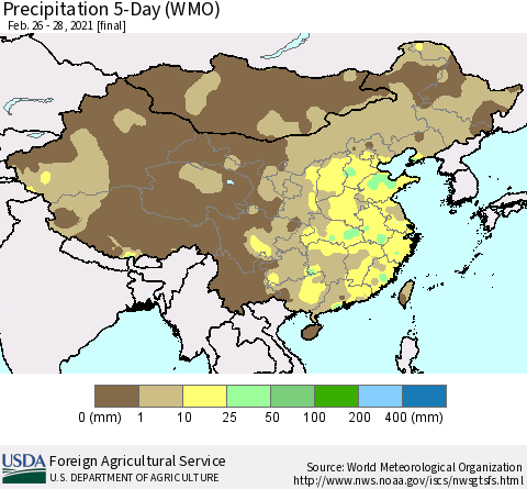 China, Mongolia and Taiwan Precipitation 5-Day (WMO) Thematic Map For 2/26/2021 - 2/28/2021