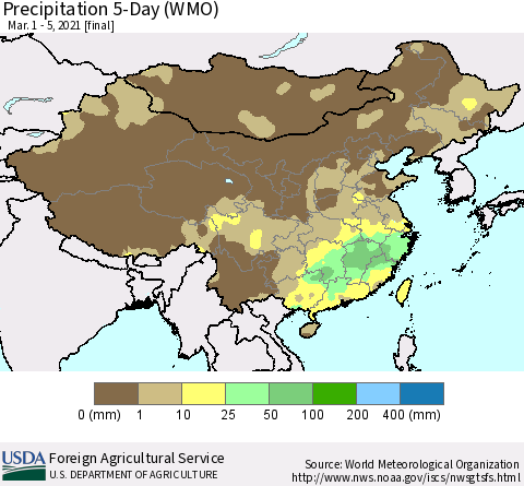 China, Mongolia and Taiwan Precipitation 5-Day (WMO) Thematic Map For 3/1/2021 - 3/5/2021
