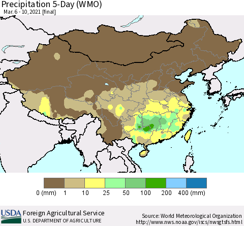 China, Mongolia and Taiwan Precipitation 5-Day (WMO) Thematic Map For 3/6/2021 - 3/10/2021