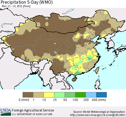China, Mongolia and Taiwan Precipitation 5-Day (WMO) Thematic Map For 3/11/2021 - 3/15/2021