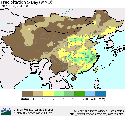 China, Mongolia and Taiwan Precipitation 5-Day (WMO) Thematic Map For 3/16/2021 - 3/20/2021