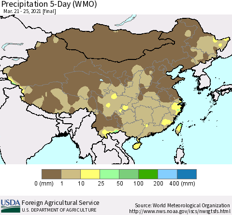 China, Mongolia and Taiwan Precipitation 5-Day (WMO) Thematic Map For 3/21/2021 - 3/25/2021