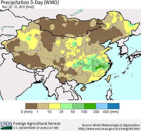 China, Mongolia and Taiwan Precipitation 5-Day (WMO) Thematic Map For 3/26/2021 - 3/31/2021