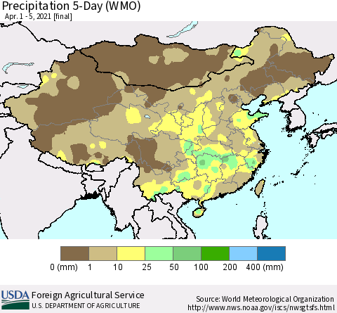 China, Mongolia and Taiwan Precipitation 5-Day (WMO) Thematic Map For 4/1/2021 - 4/5/2021