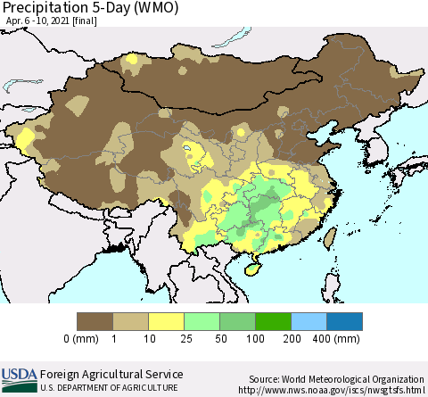 China, Mongolia and Taiwan Precipitation 5-Day (WMO) Thematic Map For 4/6/2021 - 4/10/2021