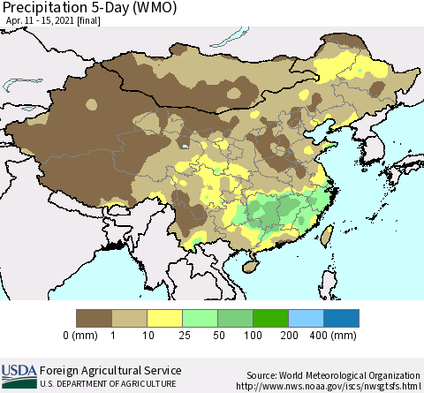 China, Mongolia and Taiwan Precipitation 5-Day (WMO) Thematic Map For 4/11/2021 - 4/15/2021