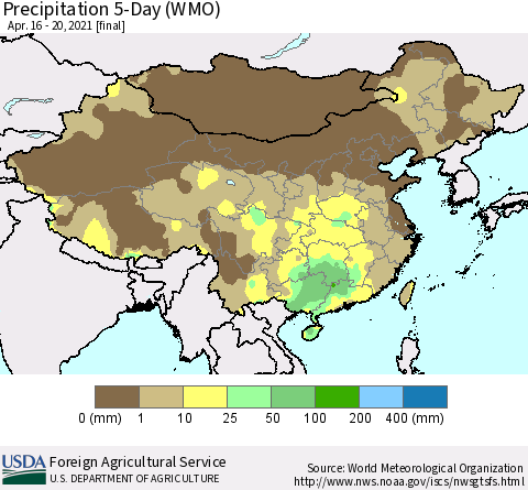 China, Mongolia and Taiwan Precipitation 5-Day (WMO) Thematic Map For 4/16/2021 - 4/20/2021