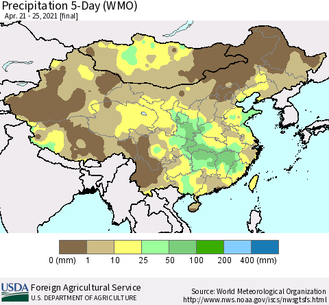 China, Mongolia and Taiwan Precipitation 5-Day (WMO) Thematic Map For 4/21/2021 - 4/25/2021
