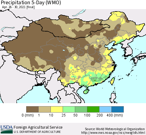 China, Mongolia and Taiwan Precipitation 5-Day (WMO) Thematic Map For 4/26/2021 - 4/30/2021