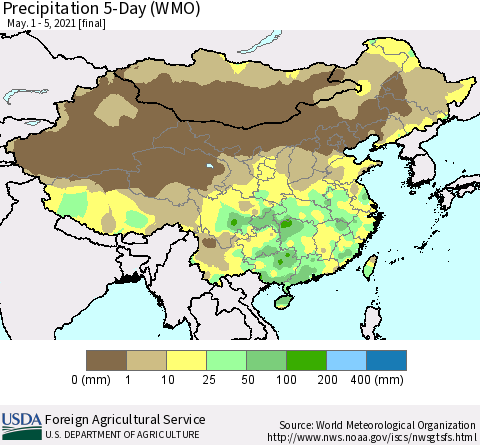 China, Mongolia and Taiwan Precipitation 5-Day (WMO) Thematic Map For 5/1/2021 - 5/5/2021