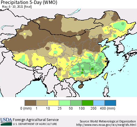 China, Mongolia and Taiwan Precipitation 5-Day (WMO) Thematic Map For 5/6/2021 - 5/10/2021