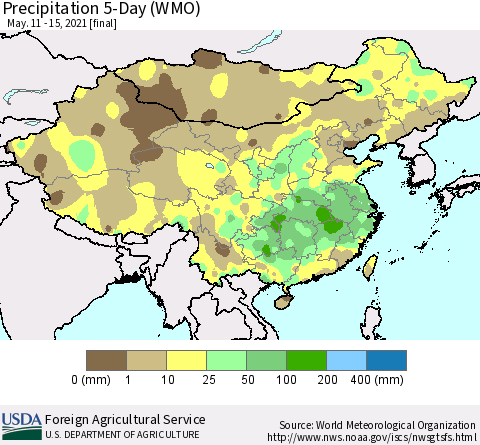 China, Mongolia and Taiwan Precipitation 5-Day (WMO) Thematic Map For 5/11/2021 - 5/15/2021
