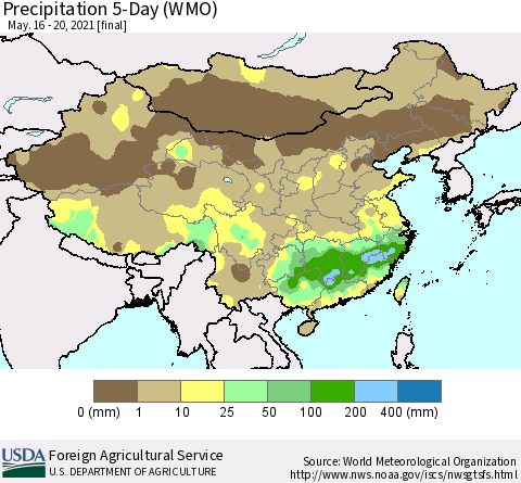 China, Mongolia and Taiwan Precipitation 5-Day (WMO) Thematic Map For 5/16/2021 - 5/20/2021
