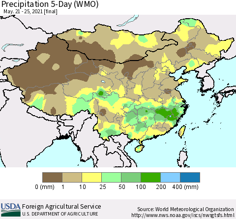 China, Mongolia and Taiwan Precipitation 5-Day (WMO) Thematic Map For 5/21/2021 - 5/25/2021