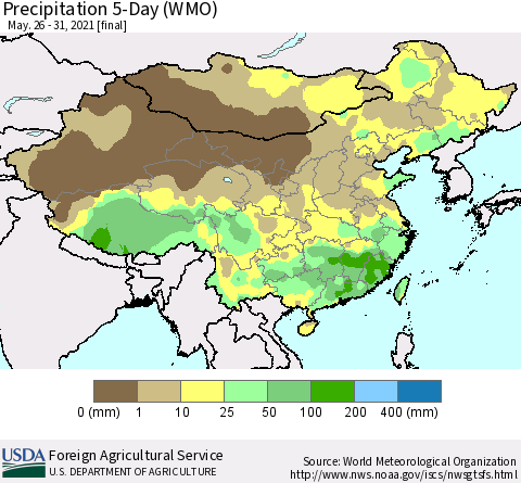 China, Mongolia and Taiwan Precipitation 5-Day (WMO) Thematic Map For 5/26/2021 - 5/31/2021