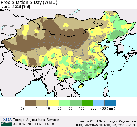 China, Mongolia and Taiwan Precipitation 5-Day (WMO) Thematic Map For 6/1/2021 - 6/5/2021