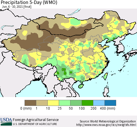 China, Mongolia and Taiwan Precipitation 5-Day (WMO) Thematic Map For 6/6/2021 - 6/10/2021