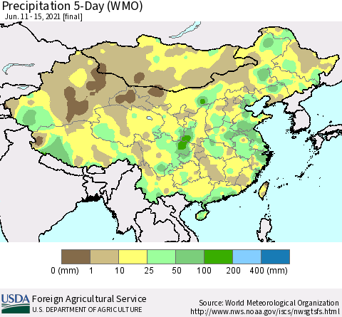 China, Mongolia and Taiwan Precipitation 5-Day (WMO) Thematic Map For 6/11/2021 - 6/15/2021