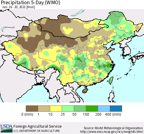 China, Mongolia and Taiwan Precipitation 5-Day (WMO) Thematic Map For 6/16/2021 - 6/20/2021
