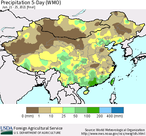 China, Mongolia and Taiwan Precipitation 5-Day (WMO) Thematic Map For 6/21/2021 - 6/25/2021