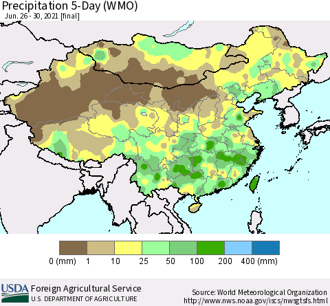 China, Mongolia and Taiwan Precipitation 5-Day (WMO) Thematic Map For 6/26/2021 - 6/30/2021