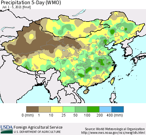 China, Mongolia and Taiwan Precipitation 5-Day (WMO) Thematic Map For 7/1/2021 - 7/5/2021