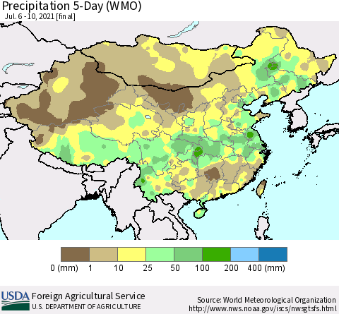 China, Mongolia and Taiwan Precipitation 5-Day (WMO) Thematic Map For 7/6/2021 - 7/10/2021