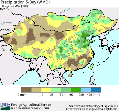 China, Mongolia and Taiwan Precipitation 5-Day (WMO) Thematic Map For 7/11/2021 - 7/15/2021