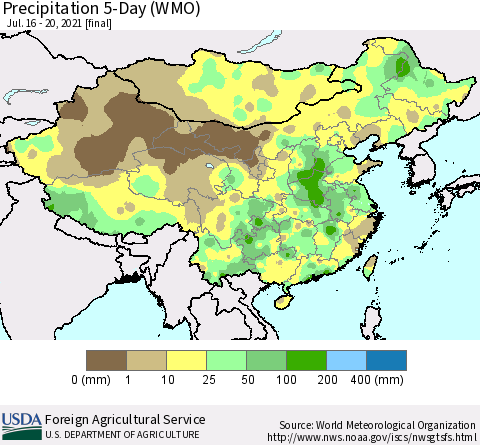 China, Mongolia and Taiwan Precipitation 5-Day (WMO) Thematic Map For 7/16/2021 - 7/20/2021