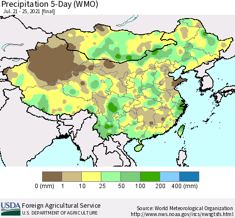 China, Mongolia and Taiwan Precipitation 5-Day (WMO) Thematic Map For 7/21/2021 - 7/25/2021