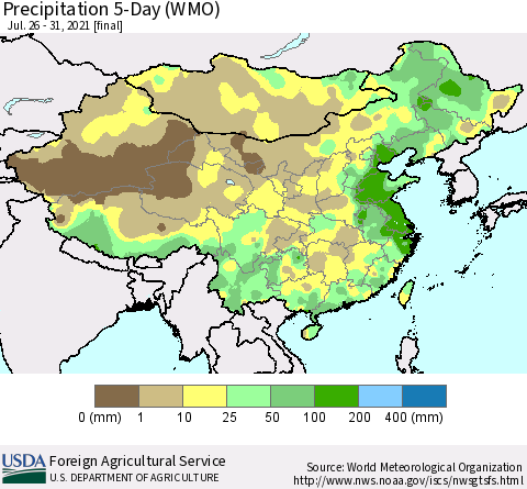 China, Mongolia and Taiwan Precipitation 5-Day (WMO) Thematic Map For 7/26/2021 - 7/31/2021